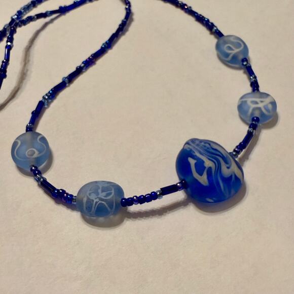 Painted Blue Sea Glass Hand Crafted Beaded Necklace - Picture 3 of 8